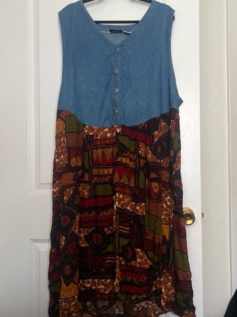 Vintage Blue Chambray Top Multicolor Patchwork Midi Dress - Picture 1 of 5